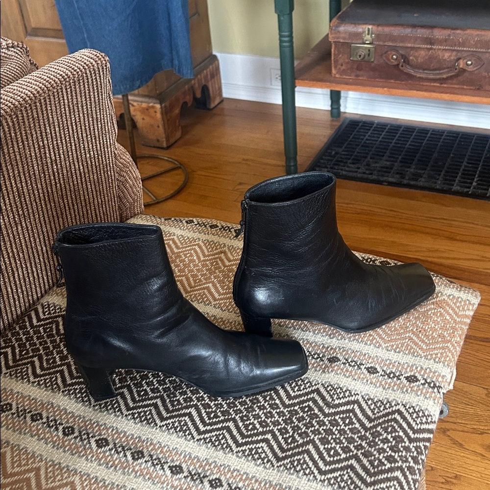 Stuart Weitzman Square Toe Black Leather Ankle Boots - Picture 5 of 9